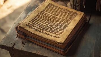 An ancient Hindu religious book placed on a wooden surface, featuring sacred scriptures, symbolizing spirituality, wisdom, and devotion. photo