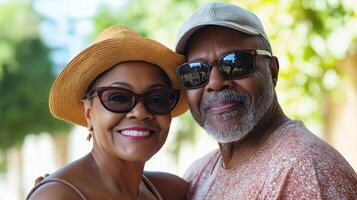 A stylish African American senior couple at the airport, smiling while getting ready for a trip, representing adventure and retirement travel. photo