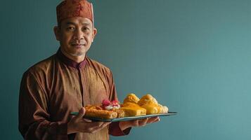 Malay man in traditional Baju Melayu holding a tray of festive Hari Raya food photo