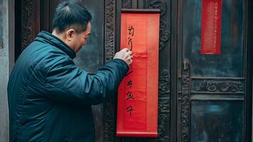 A man attaching a red scroll with golden Chinese calligraphy to his doorway, following traditional customs for good fortune and prosperity. photo