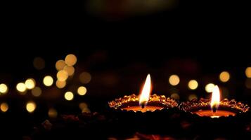 A soft-focus image of candle flames glowing against a dark background, enhanced by beautiful golden bokeh lights, creating a serene mood. photo