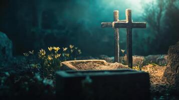 An inspiring image of an empty stone tomb with a cross in the background, symbolizing Jesus resurrection and the promise of eternal life. photo