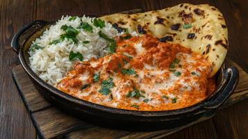A top-down shot of chicken tikka masala in a bowl, featuring a rich and creamy sauce against a moody dark background for contrast. photo