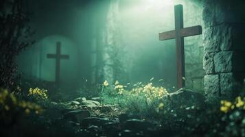 A symbolic representation of the resurrection, featuring an empty tomb with a cross, illuminated by divine light and surrounded by flowers. photo