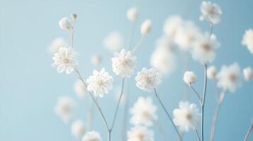 Delicate white flowers sway gently against a soft blue background in a tranquil setting, creating a serene and peaceful atmosphere during daylight photo
