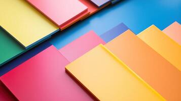 Colorful stack of papers arranged in vibrant patterns on a blue surface showcasing creativity and organization photo