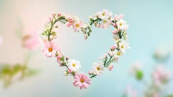 Flowers arranged in heart shape against a soft pastel background highlighting love and affection during springtime celebrations photo
