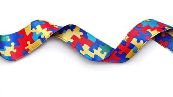 Colorful puzzle piece ribbon symbolizes inclusivity and awareness for autism, showcasing vibrant designs and patterns against a clean background photo