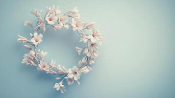 Delicate floral wreath crafted from light, soft petals adorns a smooth blue wall in a serene interior setting, creating a calming atmosphere for relaxation photo