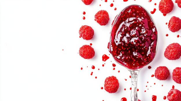 Fresh raspberries and vibrant raspberry jam arranged artistically on a stark white surface create a delightful composition during a summer afternoon photo