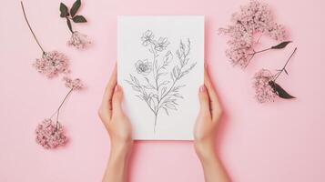 Hands holding a detailed floral sketch surrounded by pink flowers on a soft pink background in a creative and artistic setting photo