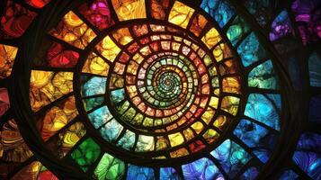 A mesmerizing stained glass spiral with radiant colors and intricate designs, illuminated by natural light for a captivating visual effect. photo