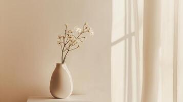 Simple arrangement of dried flowers in a cream vase on a light wooden table beside a sunlit window with sheer curtains photo