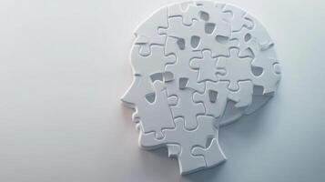 Representation of a human head made from white puzzle pieces symbolizing the complexity of mental health and cognition in a minimalist style photo