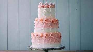 Three-tiered cake decorated with pink and white frosting displayed on a silver platter in a bright, minimalistic setting photo