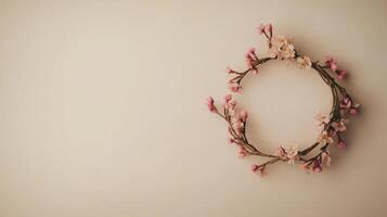 Floral wreath crafted with pink and white blossoms on a beige background showcasing elegance and simplicity in design photo