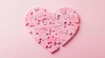 Heart-shaped pink puzzle pieces arranged on a pastel background creating a symbol of love and unity during a creative activity photo
