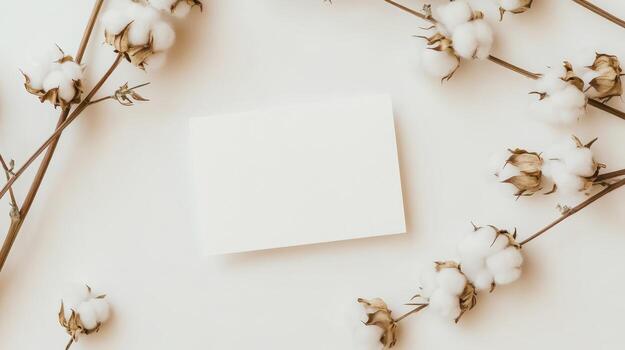 Cotton branches surround a blank card on a light background, creating a natural and minimalist composition ideal for design or stationery use photo