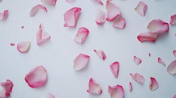 Pink rose petals scattered on a white surface create a soft and delicate ambiance, perfect for decorating events or creating artistic arrangements in springtime photo