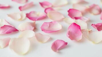 Rose petals scattered artfully on a clean surface, showcasing a variety of soft pink and white shades creating a serene and romantic atmosphere photo