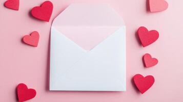 Valentine's Day greeting card with hearts on pink background creating a romantic atmosphere for celebrations and love messages photo