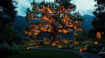 Magical Illuminated Tree in Serene Night Garden Landscape with Pathway and Cabin photo