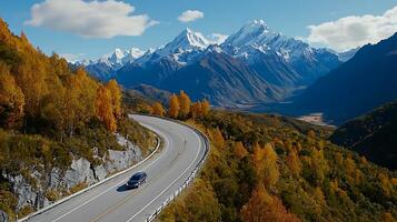 Scenic Autumn Drive Car on Mountain Road with Stunning Alpine Views photo