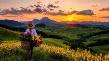 Woman with Basket of Flowers Walking in Rolling Hills at Sunset Serene Landscape photo