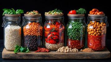 Assorted legumes and grains in glass jars healthy food ingredients pantry staples photo