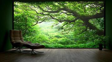 Serene Relaxation Modern Recliner Chair Facing Lush Green Forest Landscape Through Large Window photo