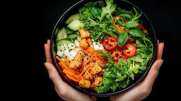Delicious and Healthy Vegan Bowl with Tofu Fresh Vegetables and Herbs A Nutritious Meal photo