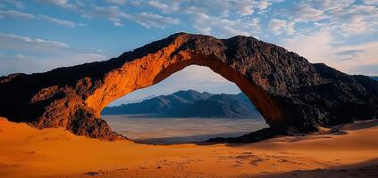 Majestic Desert Archway A Stunning View of Mountains and Sand Dunes photo