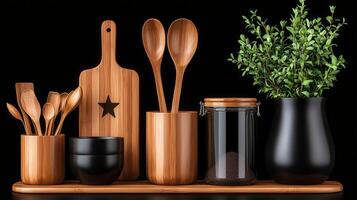 Stylish Bamboo Kitchen Utensils and Cutting Board Set with Black Bowls and Storage Jar photo