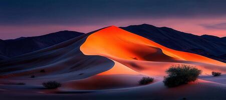 Majestic Desert Landscape at Sunset Dramatic Sand Dunes and Mountains at Dusk Golden Hour Light photo