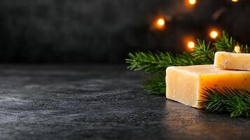 Aromatic Handmade Soap Bars with Pine Branches and Festive Lights photo