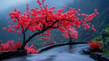 Vibrant Red Blossoms Blooming on Tree Branch Overlooking Scenic Road Stunning Nature Scene photo