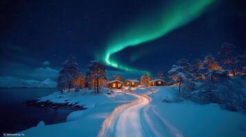Magical winter night scene featuring a snowy road leading to cozy cabins under the breathtaking aurora borealis photo