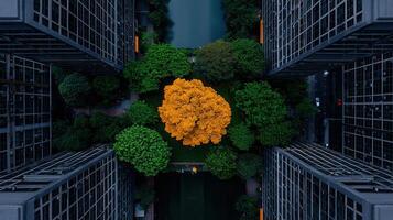 Aerial View of Golden Tree in Urban Courtyard Surrounded by Modern Buildings and Lush Greenery photo