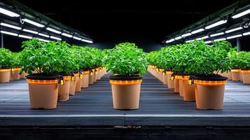 Rows of potted herbs illuminated with LED grow lights in a modern indoor farm Sustainable agriculture technology photo
