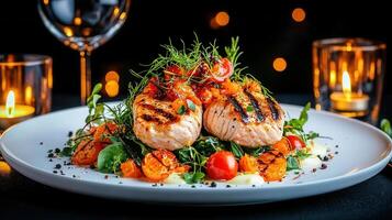 Delicious Grilled Salmon Dish with Roasted Vegetables and Creamy Sauce Romantic Dinner photo
