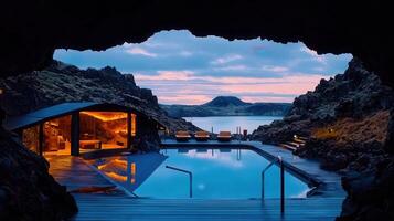 Luxurious Geothermal Pool Iceland Dramatic Cliffside Sunset View Cave Spa Resort photo