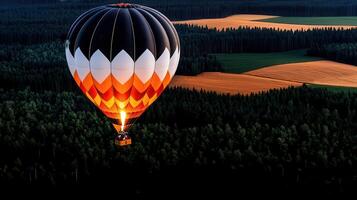 Hot Air Balloon Flight Over Lush Green Forest and Golden Fields at Sunset A breathtaking aerial view photo