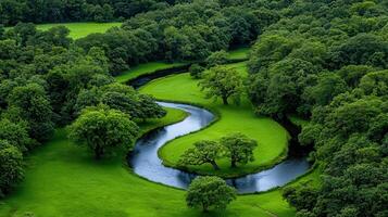 Serene River Winding Through Lush Green Meadows and Forests Tranquil Nature Scene photo