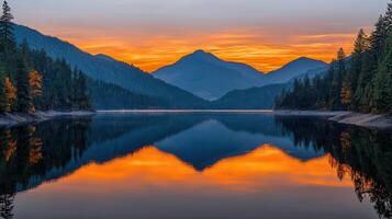 Stunning Sunset over a Calm Mountain Lake Reflected in Still Water Perfect for Nature and Desktop Wallpaper photo