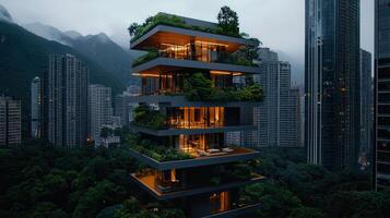Modern Eco Friendly Apartment Building with Lush Greenery at Dusk Cityscape View of High Rise Residential Architecture photo