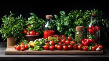 Fresh Tomatoes Basil and Herbs on Wooden Board with Homemade Tomato Sauce and Mung Beans photo