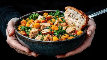 Delicious Chicken and Chickpea Stew in a Bowl Held by Hands with Bread A Warm and Hearty Autumn Meal photo