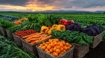 Fresh Organic Vegetables Harvest at Sunset Farm Field Healthy Food Produce in Baskets photo