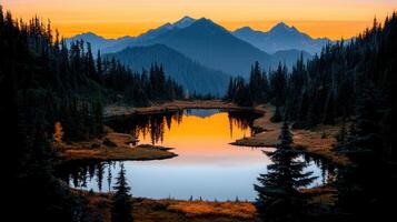 Serene Sunset Reflection in Mountain Lake Majestic Peaks and Evergreen Forest at Dusk photo