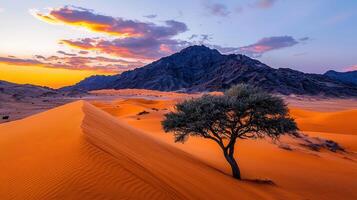 Majestic Desert Landscape Sunset Scene with Single Tree on Sand Dunes and Mountains photo